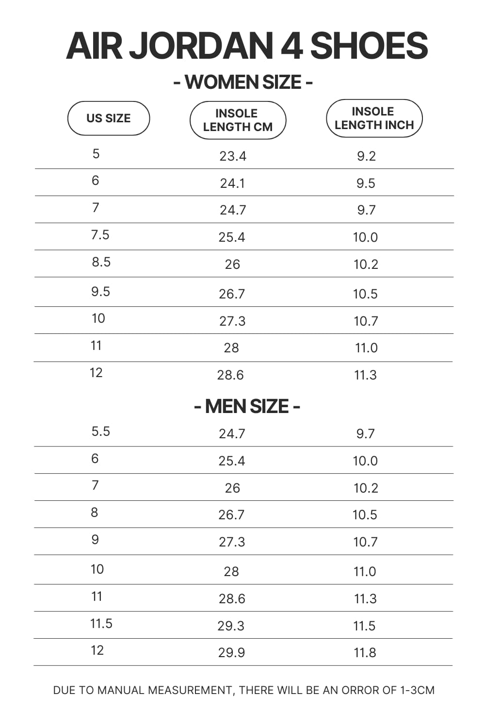 Air Jordan 4 Shoes Size Chart - Kingdom Hearts Merch